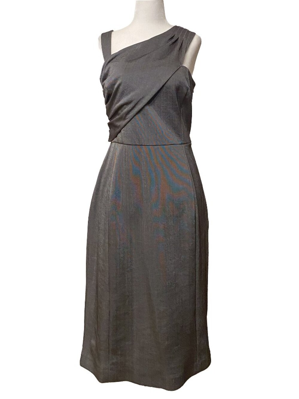Marc New York by Andrew Marc Charcoal Grey One-Shoulder Draped Midi Dress Sz 10